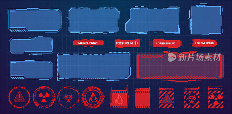 HUD, UI, GUI的未来用户界面屏幕元素设置。高科技屏幕的视频游戏。科幻的设计。插图的编号标题。现代的旗帜，低三分之一的框架。红色警告，危险框架。向量